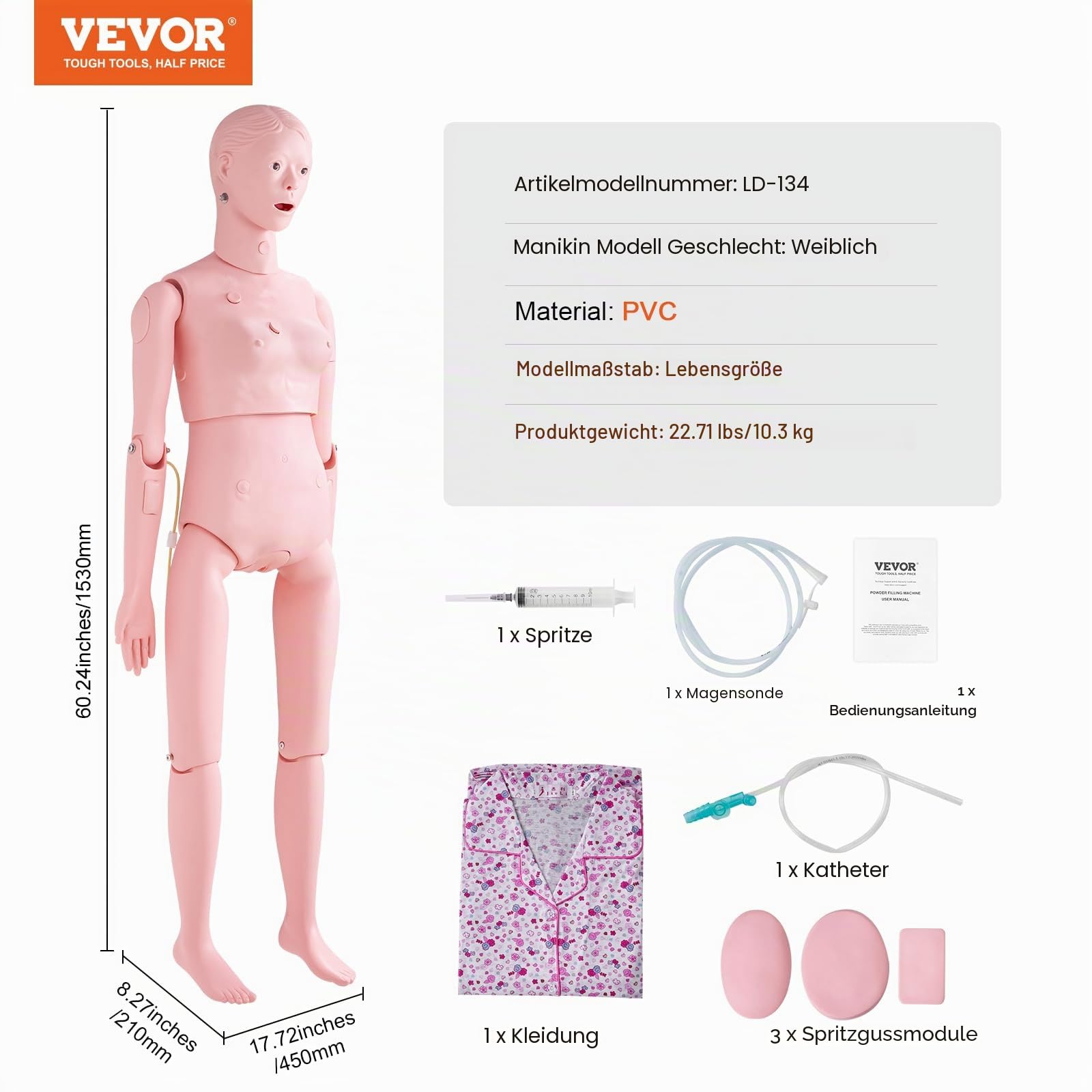 VEVOR Weibliche Krankenpflege Übungspuppe Multifunktional Patientenversorgungssimulator 1530 x 450 x 210 mm, Multifunktionale Ausbildung Pflege-Trainingspuppe Gleichmäßige Skalenformen Übungspuppe