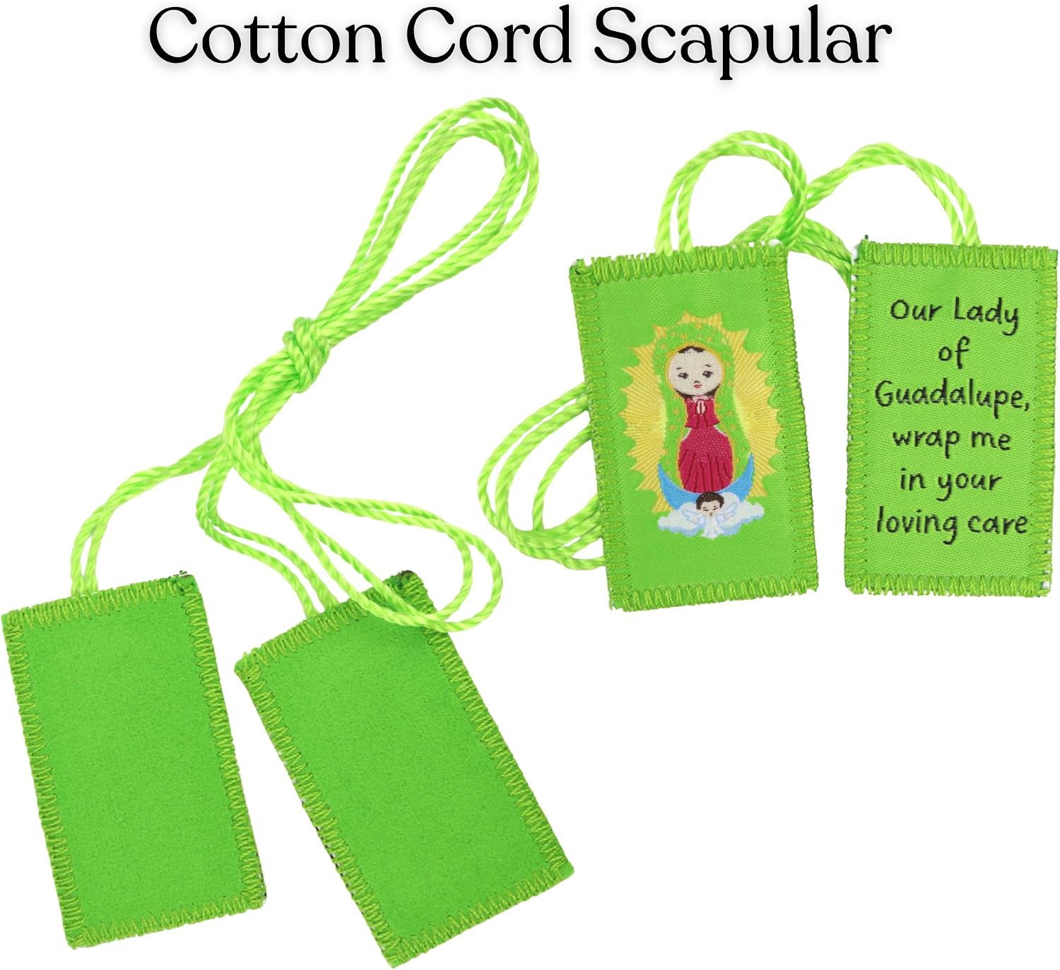 Green Scapular Lady of Guadalupe with Cotton Cord, Catholic Keepsake Gift, 20 Inches