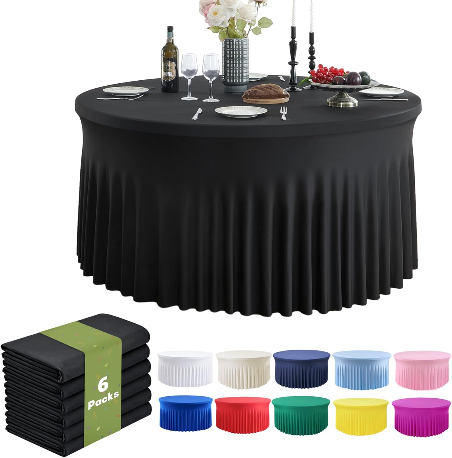 Amazon.com: 6 Pack Black Round Spandex Tablecloth for 72inch Table ...