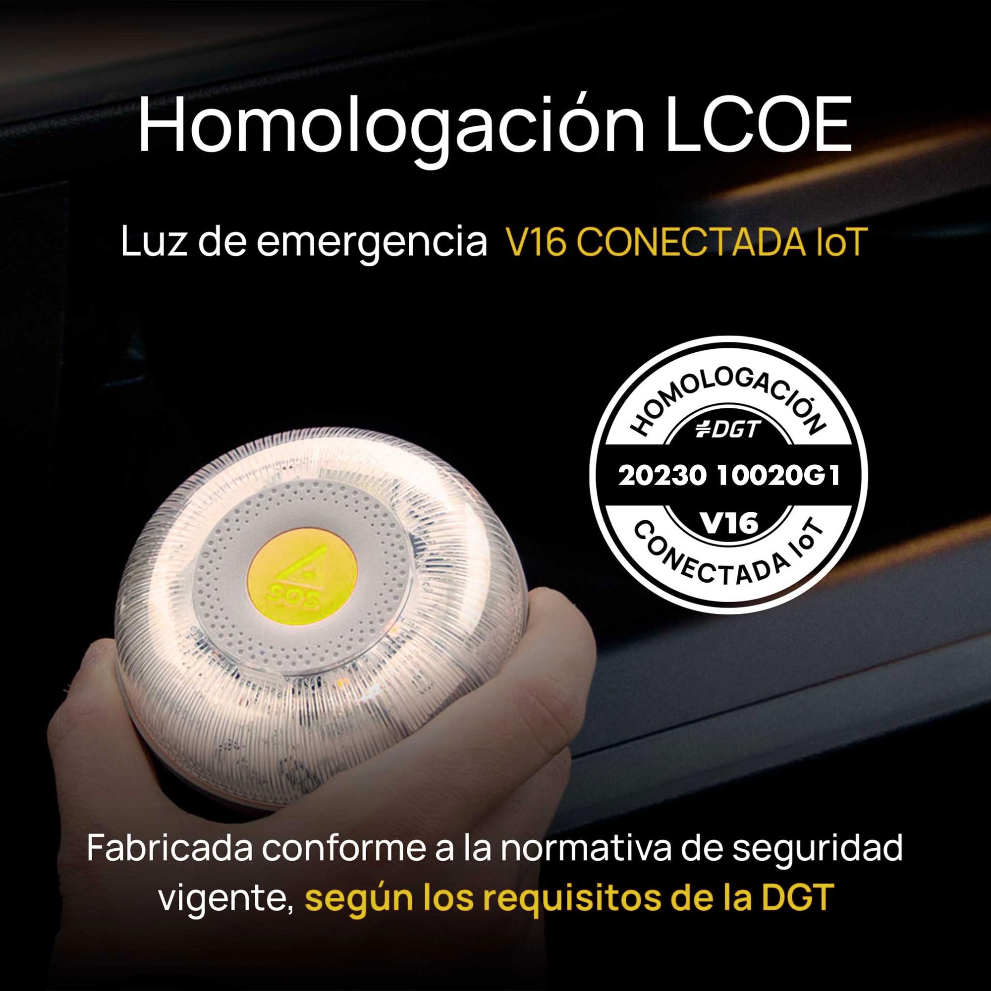 RACC Luz Emergencia Coche V16 Incluye Asistencia en Carretera, Homologada DGT con Geolocalización, Luz avería Coche [Visibilidad 1 Km] Baliza V16 con GPS y Base Imantada, SIM, baliza IoT