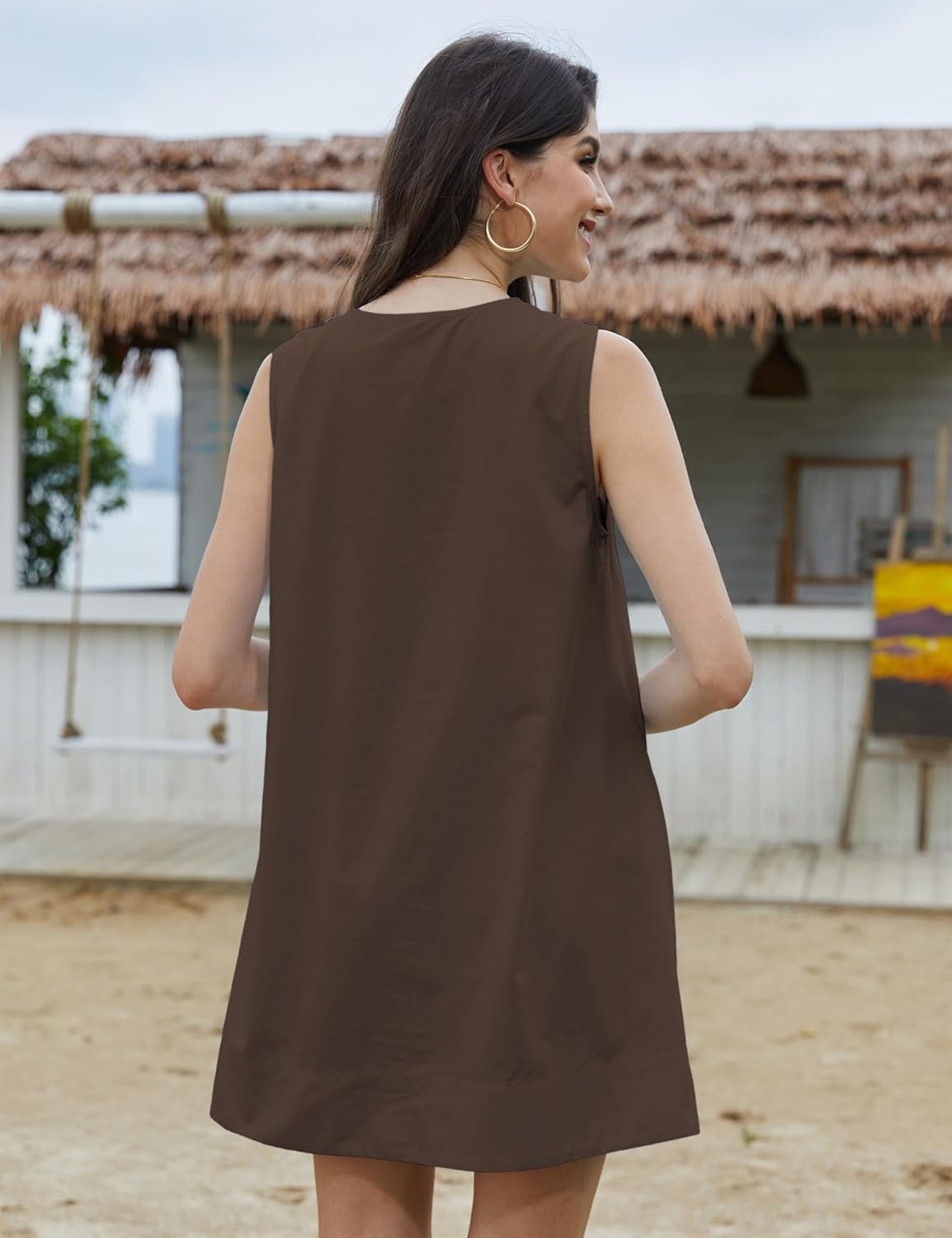 Women's Mini Babydoll Tank Dress Bubble Sleeveless Dresses Scoop Neck Ruched Short Summer Sundress with Pockets - Image 4