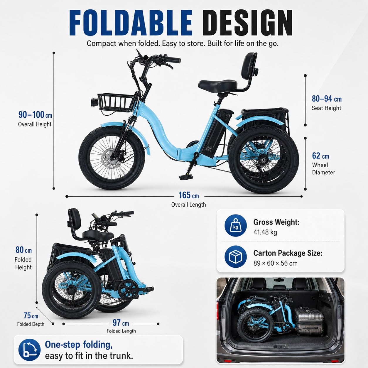 18 Inch Electric Tricycle for Charging 3-Wheel Electric Bike Folding Adult Electric E Bike with Storage Basket Large Tyres for Adults Electric Bicycle, Load Capacity 30 kg Blue