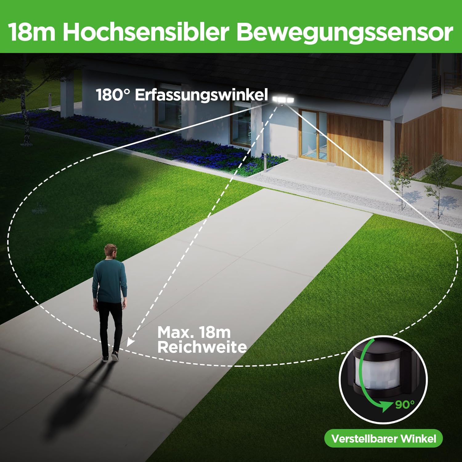 UME 3 Packs Solar-Außenleuchten, 302 LEDs, 1500 lm, IP65 wasserdicht, Bewegungsmelder, Außenleuchten, 3 Köpfe, 270 Grad breiter Beleuchtungswinkel mit 3 Modi, für Garten