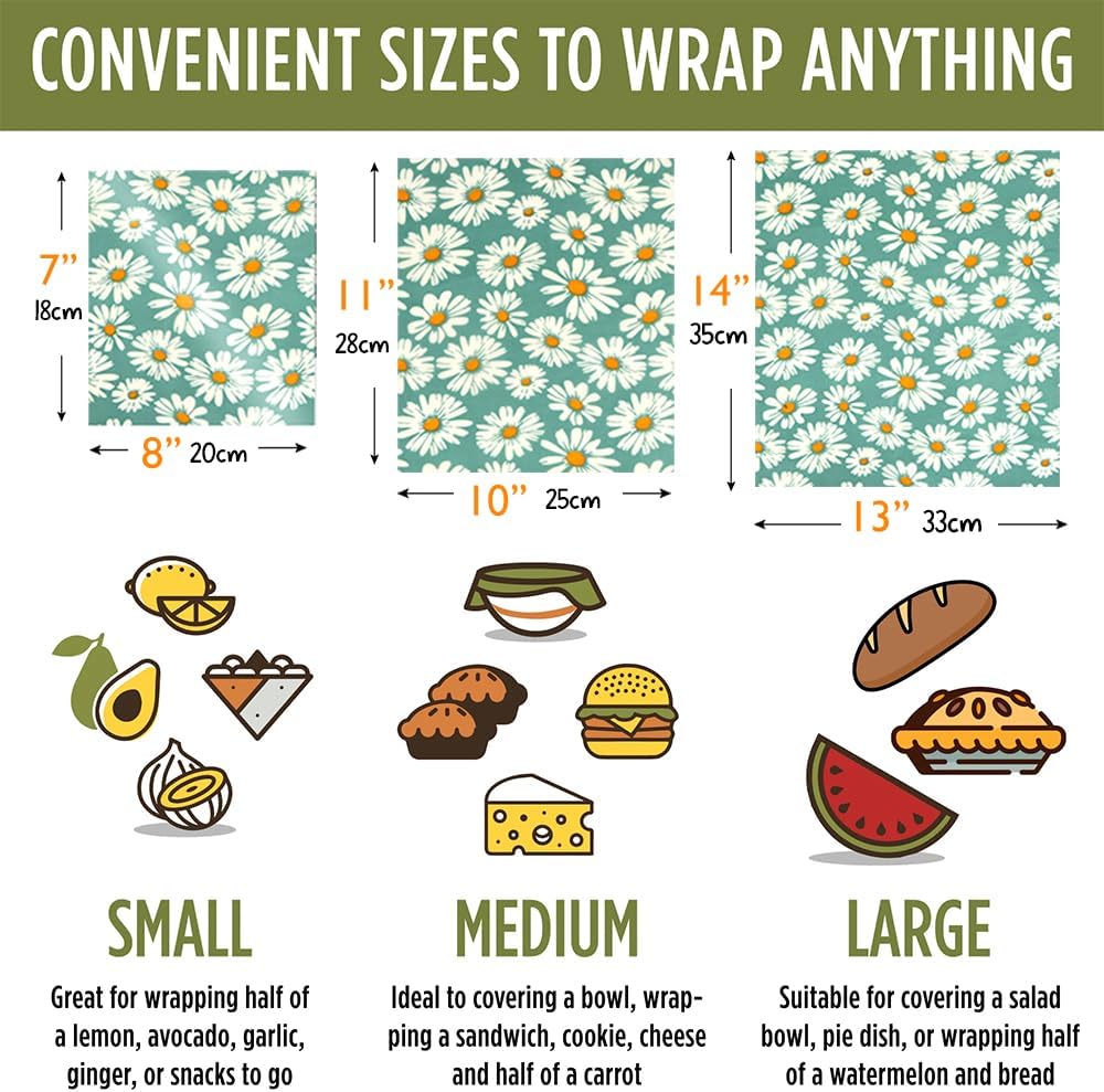 Beeswax Wraps for food 3-Pack, bee wraps reusable with Multi-function brush, Eco-Friendly to Wrap Fruits & Bread,sandwich Wraps (S,M,L) with Daisy Design image 3