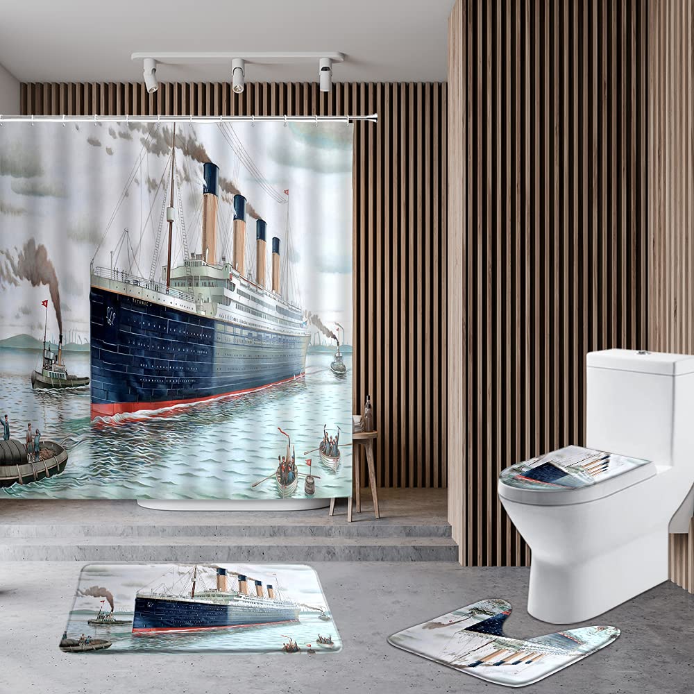 FILMILIL 4 Piece Nautical Decor Shower Curtain Set Retro Titanic Ship Ocean Scenery Art with Rug, Toilet Lid Cover, Bath Mat and 12 Hooks Shower