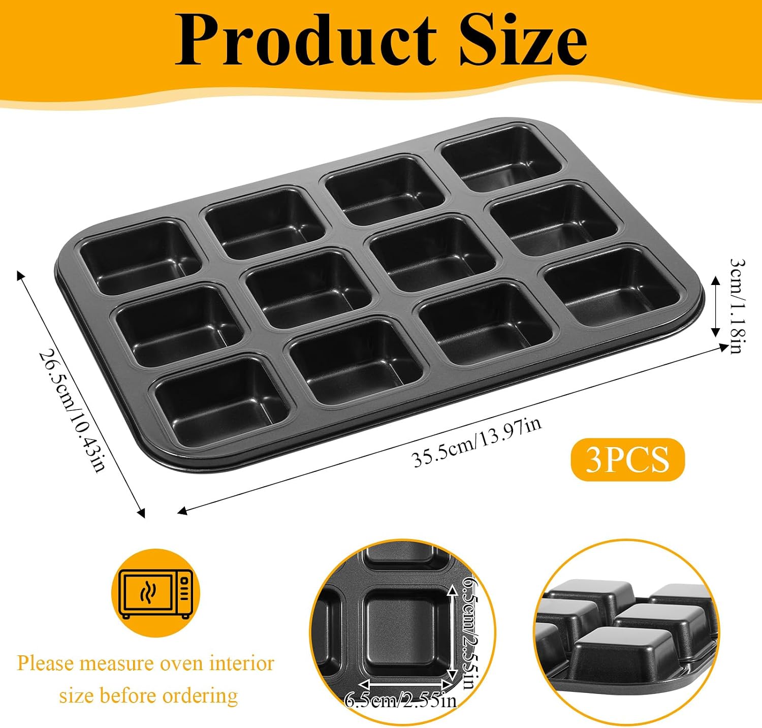 3 Pack Brownie Pan with Dividers, 12-Cavity Non-stick Square Mini Muffin Pan All Edges Cookie Cake Mold Heavy Duty Carbon Steel Loaf Tray for Crispy Corner Brownies, Cupcakes & Party Baking