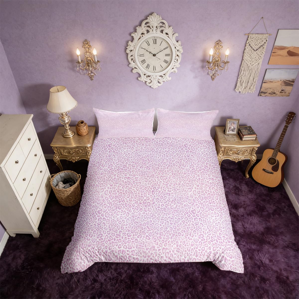 Homemissing Leoparden Muster Bettwäsche Set 135x200cm Tierdruck Safari Lila Bettwäsche-Set Gepard Wende Muster Bettbezug mit 1 Kissenbezug Tiermotiv Gold Schwarz mit Reißverschluss