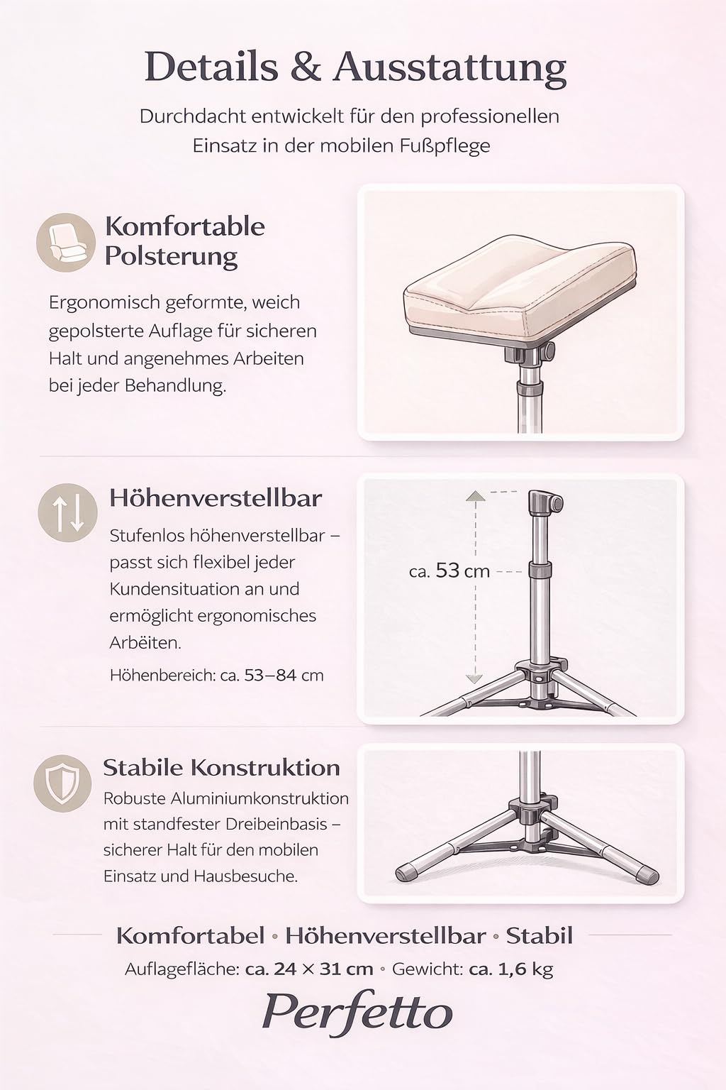 Perfetto XL Beinstütze für mobile Fußpflege & Podologie – höhenverstellbare Beinauflage aus Aluminium – leicht & stabil mit Tragetasche | CS Kosmetikvertrieb