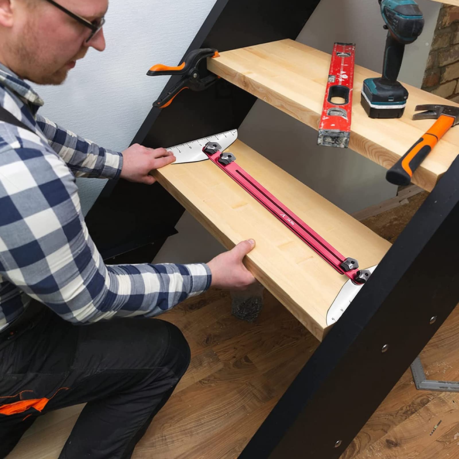 Traptredenmeter, Traptredenmetersjabloongereedschap, 11 Tot 60 Inch Plank Scribe Jig, Trapmal Trap Meetinstrument voor Risers Plank Gipsplaten, Treden(Blauw Traptredenmeter, Traptredenmetersjabloongereedschap, 11 Tot 60 Inch Plank Scribe Jig, Trapmal Trap Meetinstrument voor Risers Plank Gipsplaten, Treden(Blauw