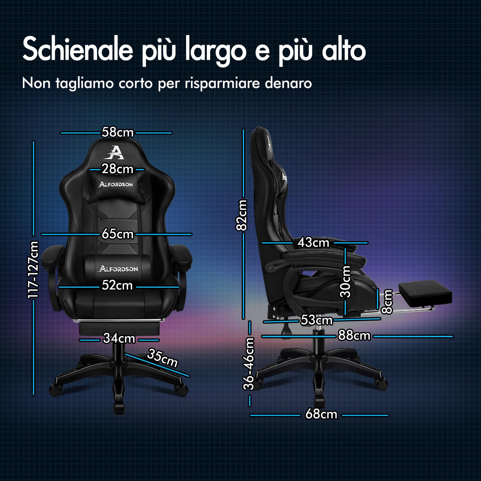 ALFORDSON Sedia da Gaming Massaggiante con Poggiapiedi Telescopico, Sedia Gamer con Cuscino Lombare & Poggiatesta, Ergonomico Sedie da Ufficio Schienale Regolabile 90-150°, Similpelle(Nera)