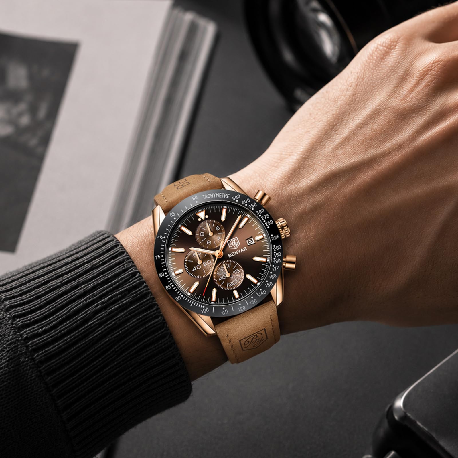 BENYAR, Relojes Hombre, Movimiento Cuarzo, Cronógrafo, Correa Piel/Acero/Silicona, Diseño Deportivo Negocio Moda, 30M/50M Impermeable, Resistente a los Arañazos, Regalos Elegantes para Hombres
