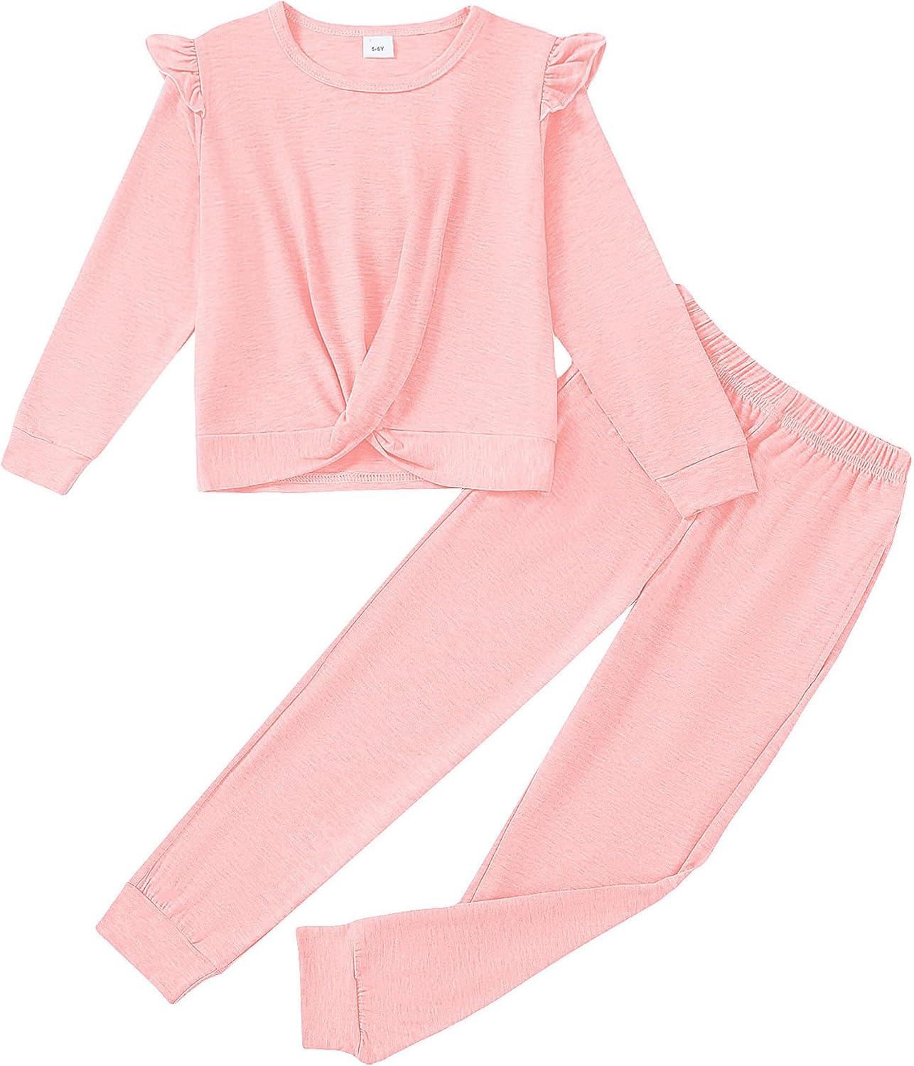 Rosibel Girls Clothes Ruffled Twist Front Sweatsuit Set with Pockets 5-14Y | Soft, skin-friendly, stretchy. Ideal for spring fall. Solid color outfit.