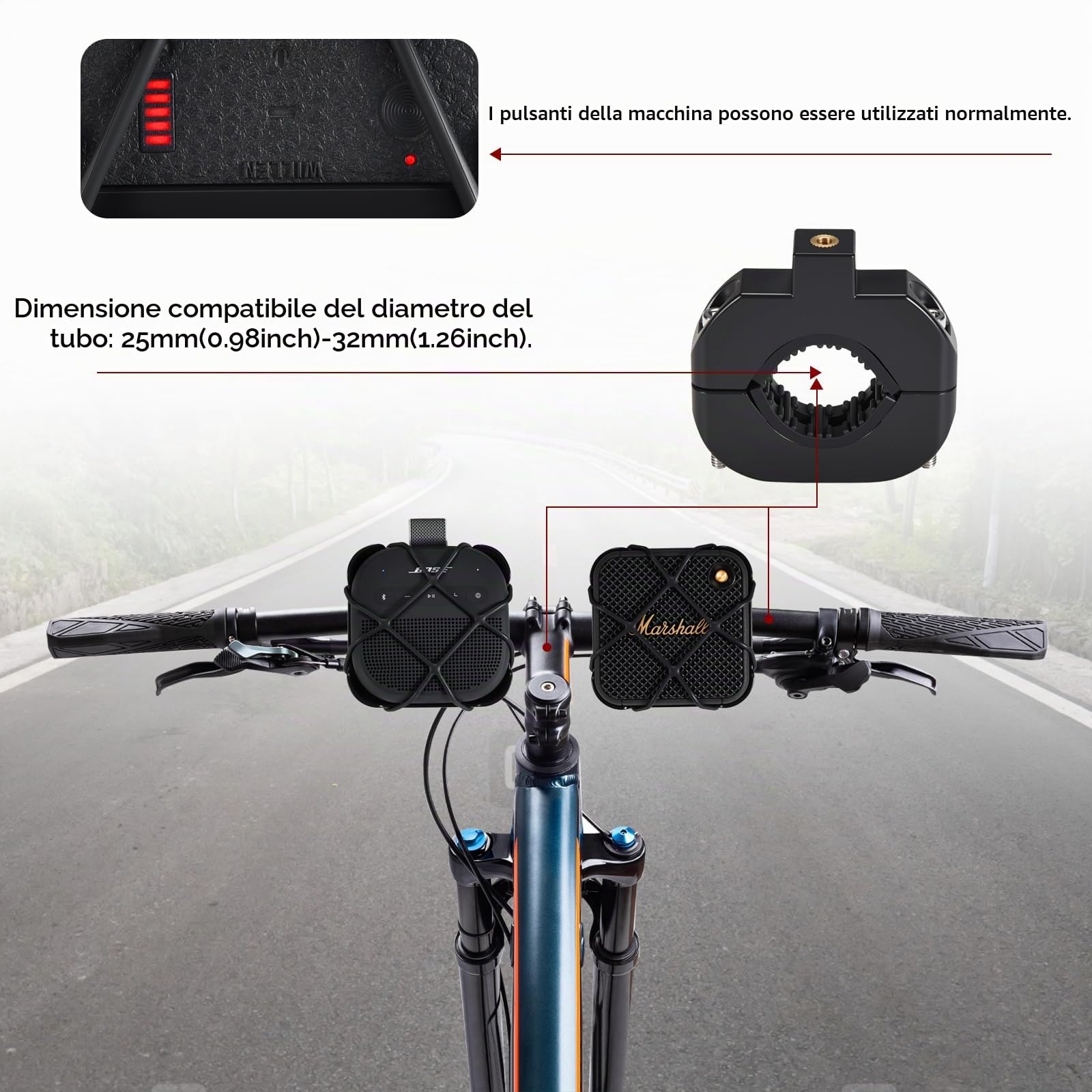 Supporto per Manubrio Della Bici Portatile per Bose SoundLink Micro 2nd Speaker Bluetooth,Bicicletta/Motore/Scooter/Golf Carrello/Barca Adattatore Staffa per Marshall Willen II Altoparlante