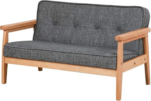Miniatura 10 de Yoonnie room Sofá de doble plaza para niños, sofá para niños con brazo de madera maciza y patrón de lino de PVC para el descanso de los niños (gris