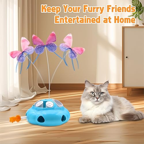 Miniatura 7 de Juguetes interactivos para gatos de interior, juguete 4 en 1 para mascotas con varita de plumas de emboscada, mariposa aleteadora motorizada y