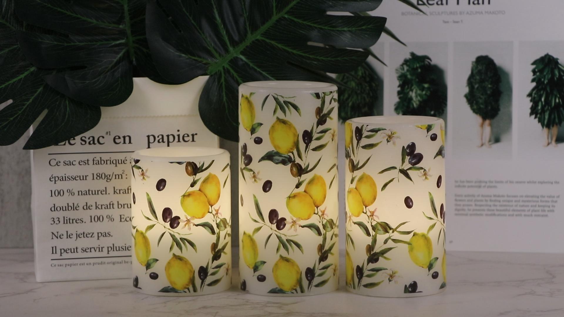 Image of Flameless Pillar Wax Candles with 6 Hour Timer Battery Operated 3 Packs Lemon Decals LED Flickering Candles Yellow Light Holiday Wedding Spring Home Decoration Candle(3 x 4, 5, 6 Inches)