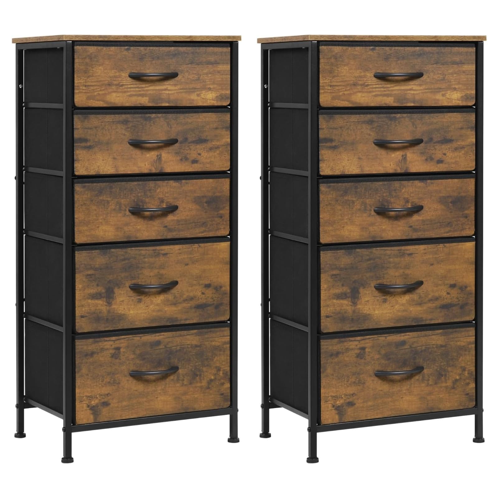 WOLTU Kommode mit 5 Schubladen aus Stoff, 2er Set, Kommodenschrank Sideboard Schubladenschrank, für Schlafzimmer Wohnzimmer Flur, aus Metallrahmen Holzwerkstoff, Vintage-Holzoptik Schwarz, SSK004hov-2