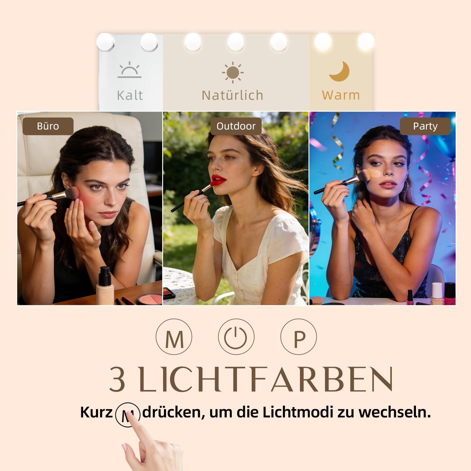 Lusterko do makijażu z oświetleniem, 80 x 60 cm, lusterko kosmetyczne z 18 diodami LED do makijażu, lustro Hollywood Vanity Mirror Touch, sterowanie 3 kolorami światła, USB, w zestawie 10