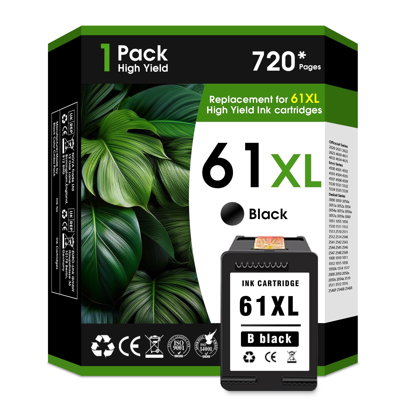 Printer Ink 61XL 61 Black Ink Cartridge Compatible for HP Ink 61 HP61 HP61XL Black Work with Envy 4500 4502 5530 5535 5534 Officejet 4630 4635 Deskjet 1000 1010 1510