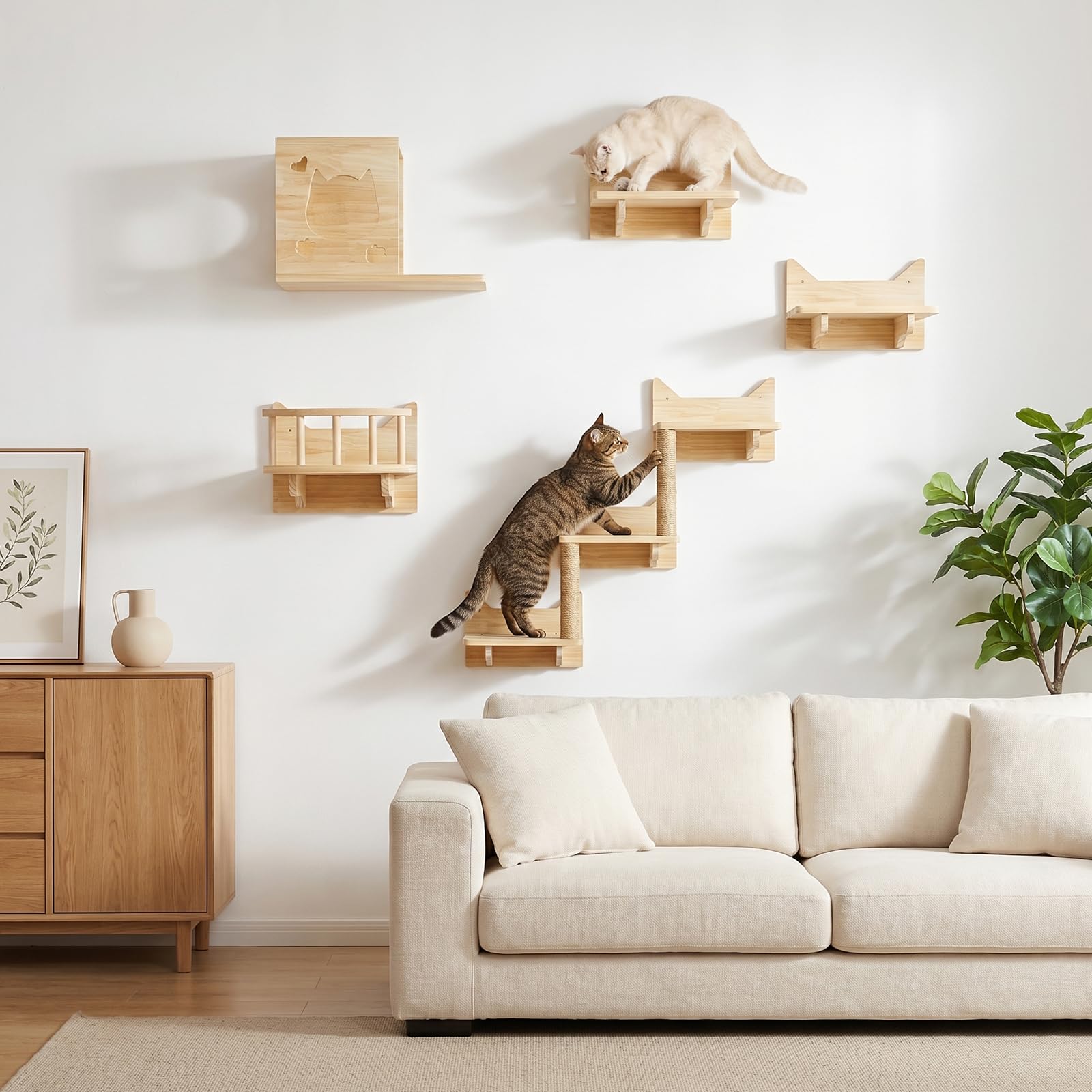 Ensemble de mur d'escalade pour chat, arbre à chat | Hamac en panneau multiplex robuste pour chat avec maison pour chat, pont pour chat, arbre à chat