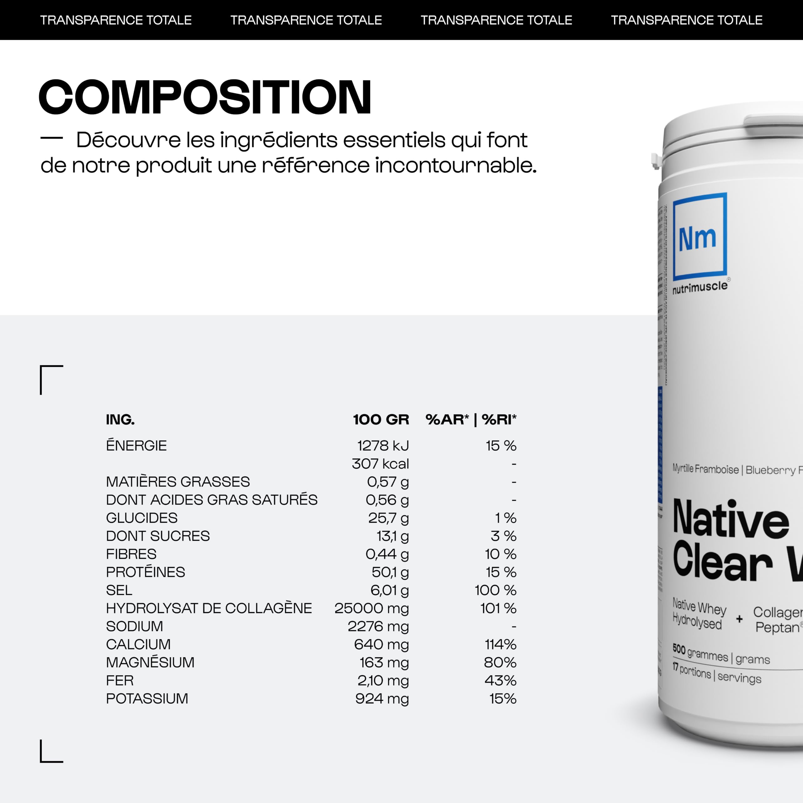 Clear whey 100% Native - 500 gr - Myrtille Framboise - Whey Hydrolysée Native + Collagène bovin breveté Peptan + Électrolytes - Sport et Santé - Nutrielement | By Nutrimuscle
