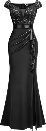 Miusol Women's Vintage V-Neck Slim Ruffle Split Evening Formal Maxi Dress | Cap Sleeves, Sequin Lace Contrast Satin, Layered Ruffles for Prom, Wedding Party