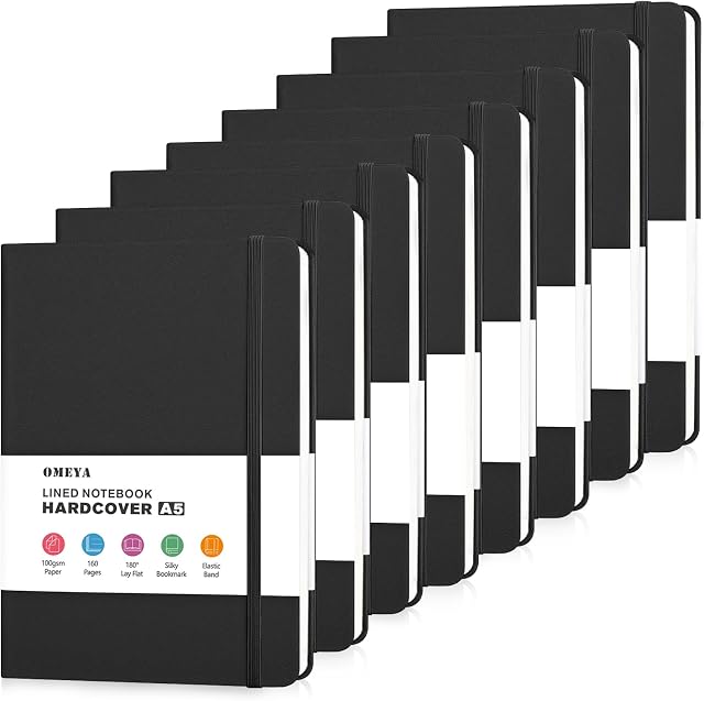 OMEYA 8 Pack Lined Journal Notebooks for Work, 100gsm Thick Paper, 5.7"x 8.3", A5 College Ruled Black Notebook Bulk, Leather Journal for Writing, Hardcover Notebooks for School, Office, Journal for Men