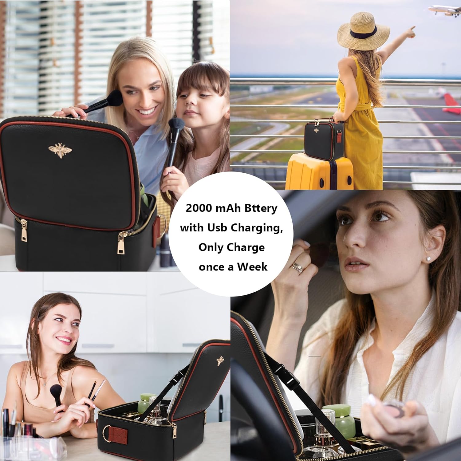 Travel Makeup Bag with Mirror of LED Lighted, Rechargeable Cosmetic Train Case Artist Makeup Organizer for Women with Adjustable Dividers, Makeup Brushes Holder and Strap (CosMirr-Black02) - Image 4