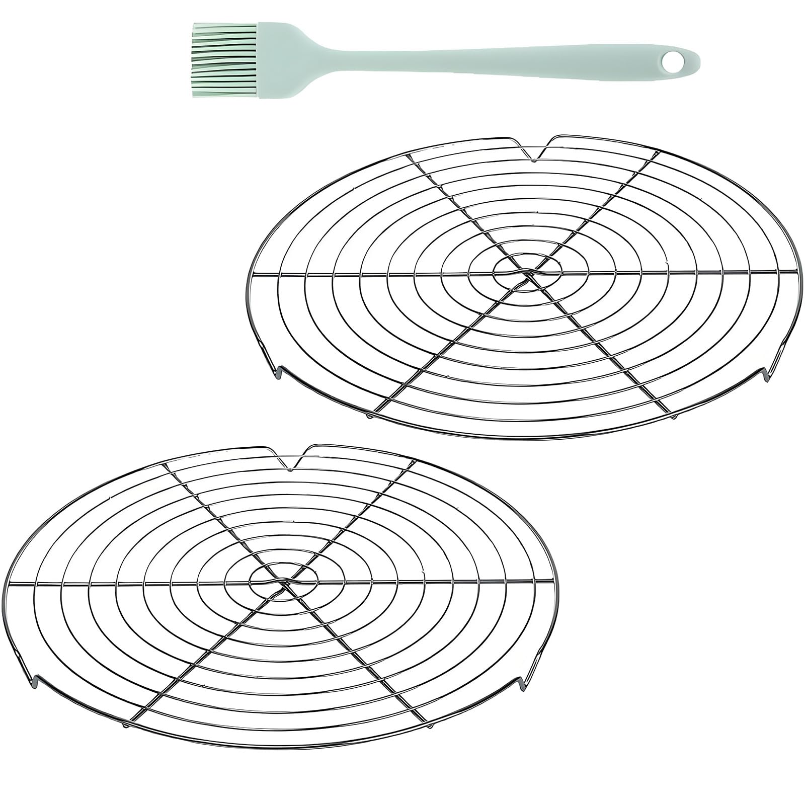 Hsioluted Of 2 Round Silver Cooling Rack for Baking with Silicone Brush Included Perfect for Cakes Cookie and Pastries Round Refrigerating Rack