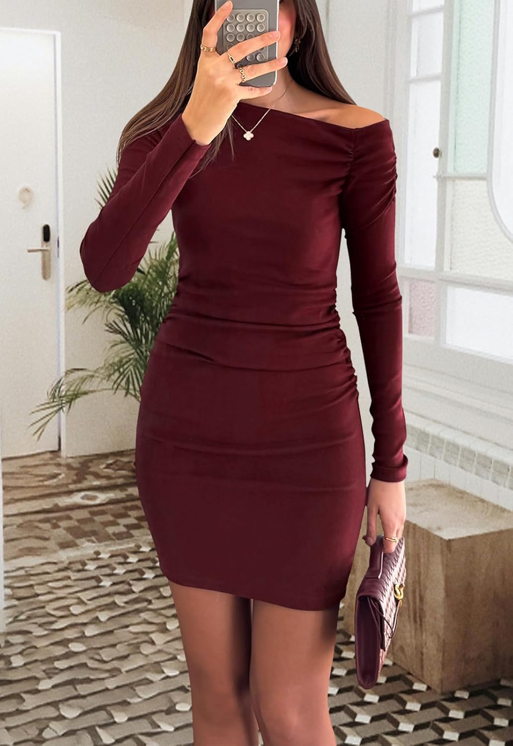 ZERMOM Women Off Shoulder Long Sleeve Bodycon Mini Dress - Elegant Ruched Party Cocktail Dress for Women Fall - Image 6