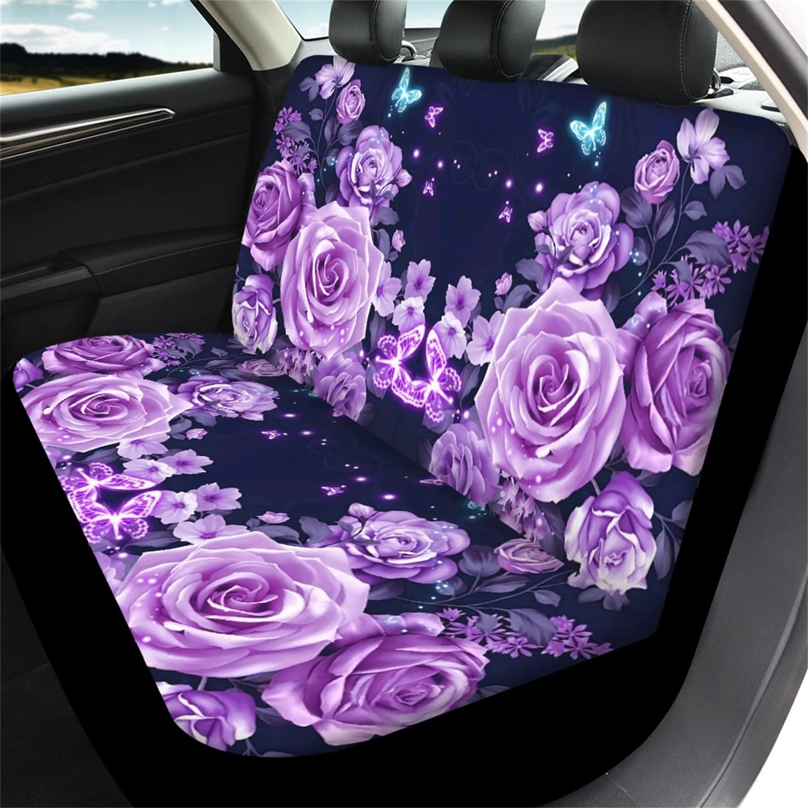 Auto-Zubehör mit violetten Rosen und Schmetterlingen, komplettes Set, 4-teilig, 2 Autositzbezüge + 2 Rücksitzschoner, geteilte Bankabdeckung, Schalensitz