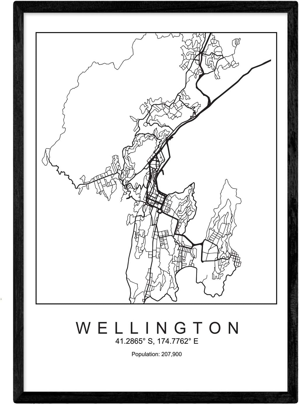 NacnicNacnic Print city map Wellington Scandinavian style in black and white. Poster frame A4 Printed paper No 250 gr. Paintings, prints and posters for living room and bedroom