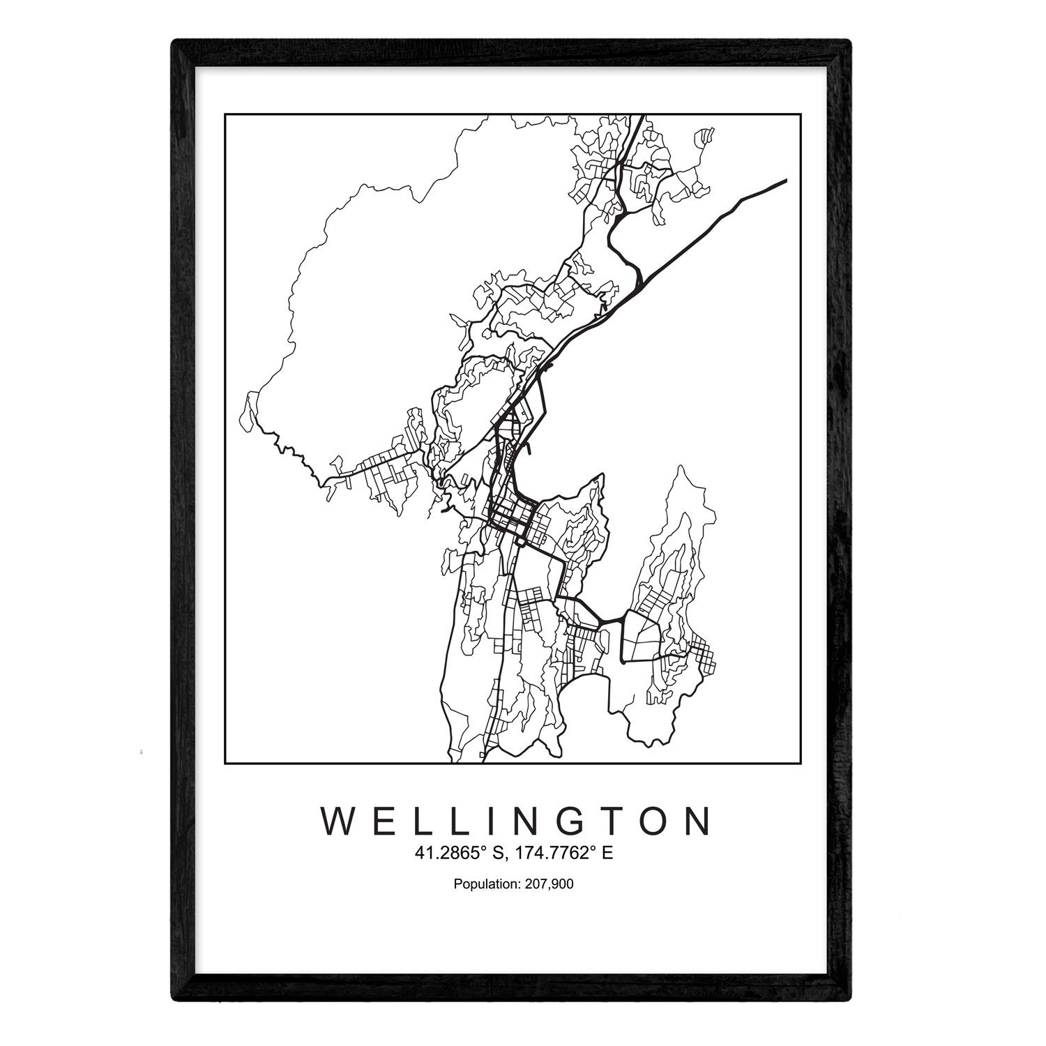 NacnicNacnic Print city map Wellington Scandinavian style in black and white. Poster frame A4 Printed paper No 250 gr. Paintings, prints and posters for living room and bedroom
