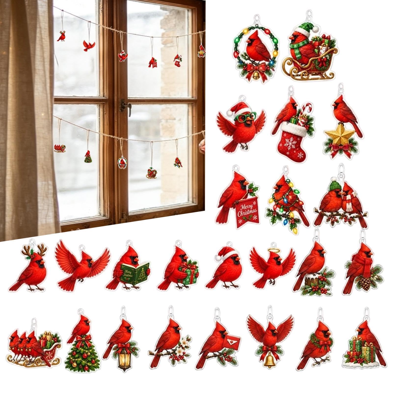 Red Bird Kalender Weihnachten Advent Festlich 2026 24 Tage Countdown | 2D Acryl Vogel Ornament Advent für Familie Wohnung Wohnzimmer Schlafzimmer Baum Wand Fenster Urlaub Party