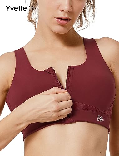 Miniatura 2 de Yvette Sujetador deportivo de alto impacto con cremallera frontal para correr, spinning, bailar, mujeres, Borgoña