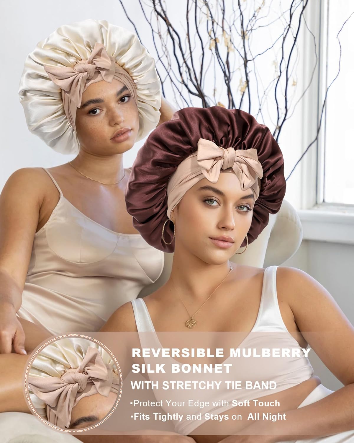 Mulberry Silk Bonnet Sleeping Women Curly Hair Bonnets Tie Band Double Layer Reversible Sleep Bonnet Silk Hair Wrap Sleep Cap