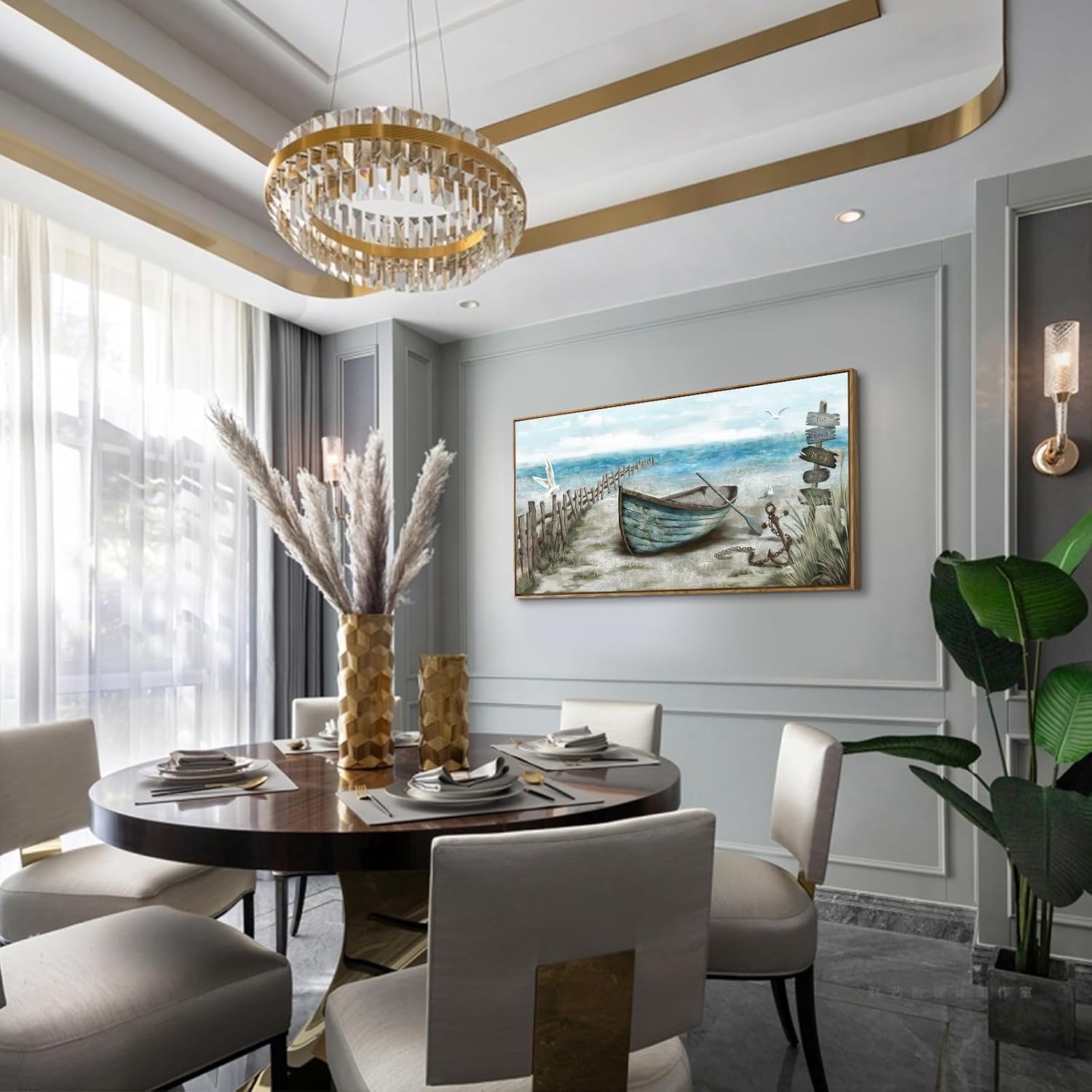 Large Wall Art for Living Room Framed Boho Beach Coastal Floral Ocean Wall Picture Farmhouse Daisy Flower Sea Canvas Print Nautical Neutral Vintage Warm Artwork Home Bedroom Office Décor 48x24