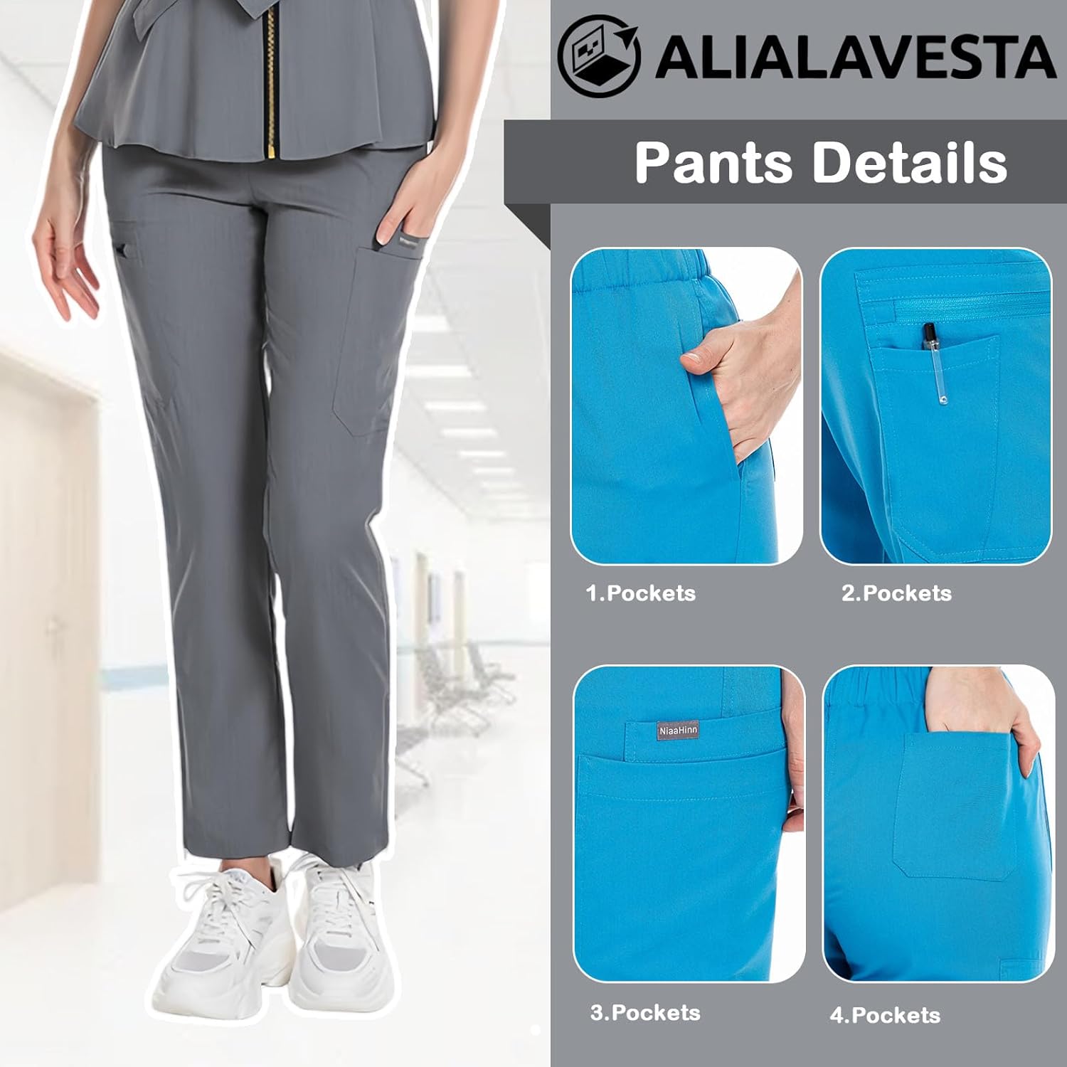 Medical Scrubs for Wome Top & Pants with Zipper Drawstring Pants,Easy Care Uniforms - Image 3