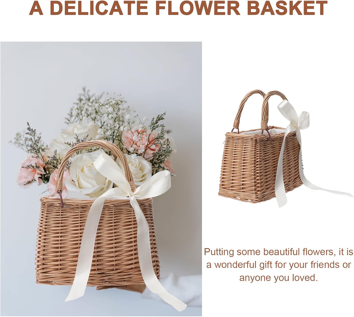Flower Girl Basket Boho Style Rattan Baskets with White Ribbon for Weddings, Classic Wicker Handbag Basket Purse Basket Bags Women Straw Tote with Handle