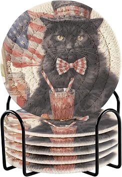 American Flag Cat 6 Pcs Coasters with Holder,Bar Coasters Set for Drinks,3.9" Round Table Coasters for Coffee Table Tabletop Protection Housewarming Gift for Home Decor 2013154
