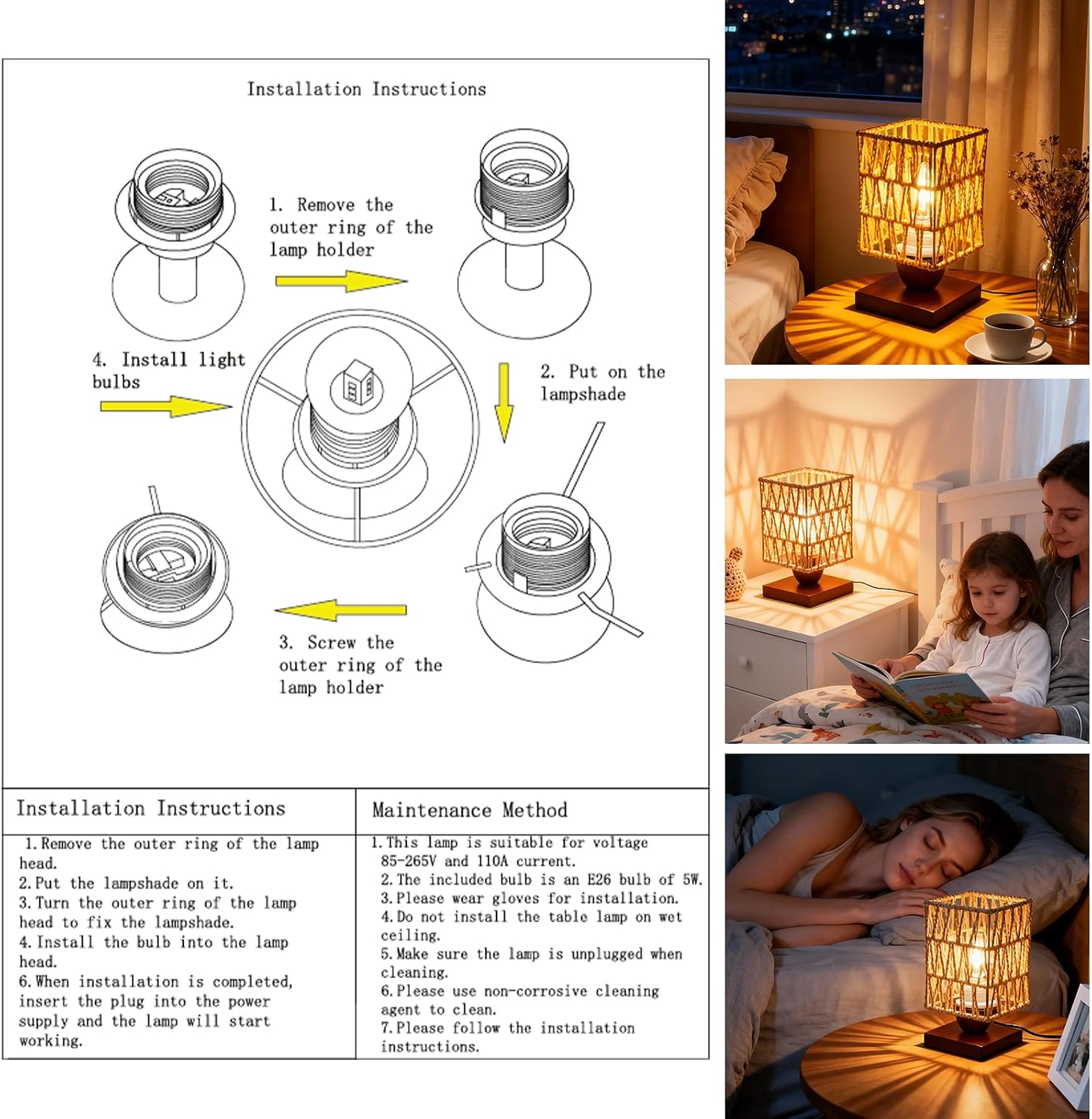 Boho Small Table Lamp,Vintage Wicker Wooden Nightstand Bamboo Woven End Table Lamps,Farmhouse Rattan Beside Lamp for Room Decor, for Bedroom Living Room Desk Kids Room(LED Bulb Included) (B)