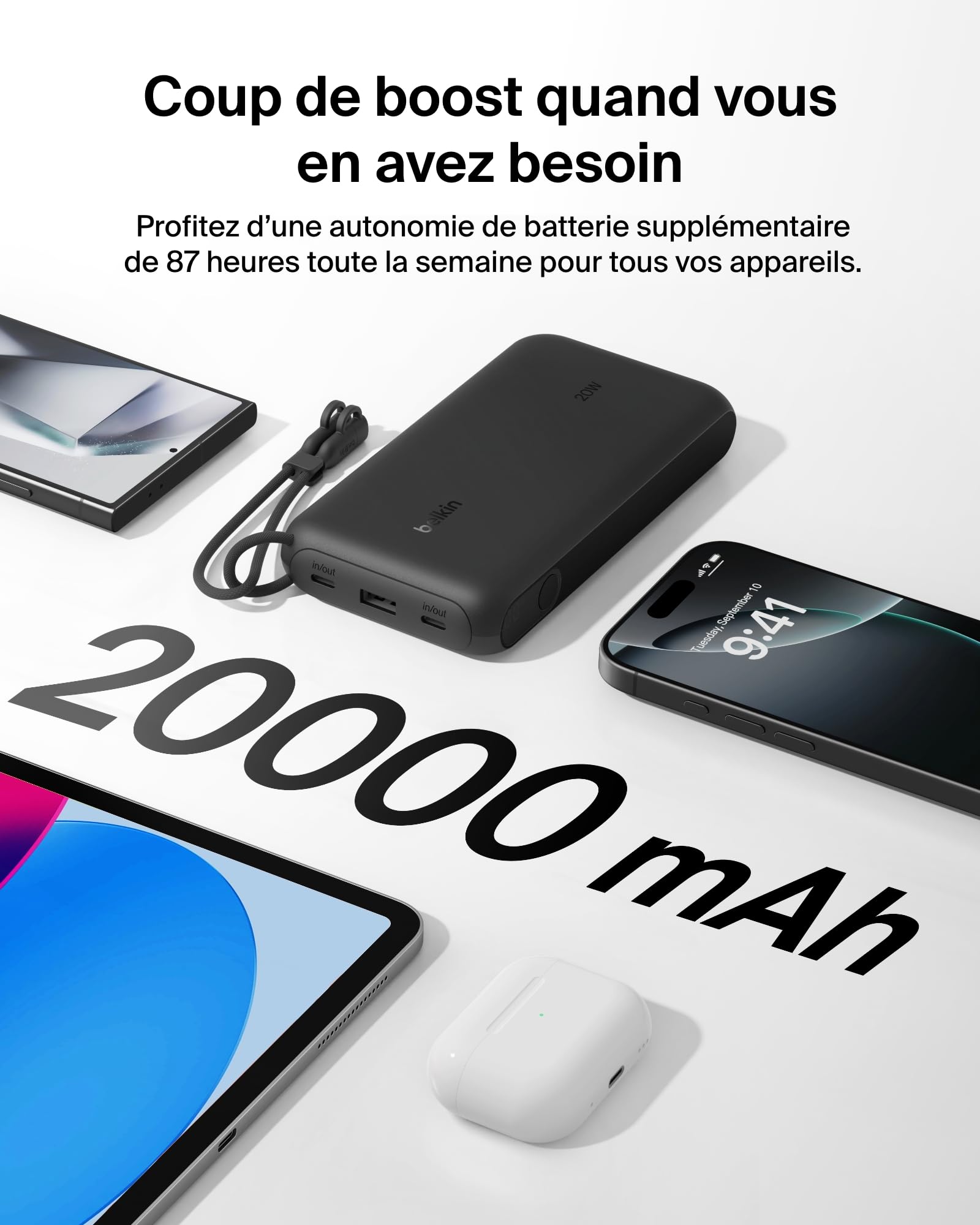 Belkin BoostCharge Batterie Externe 20 000 mAh avec Écran - Noir