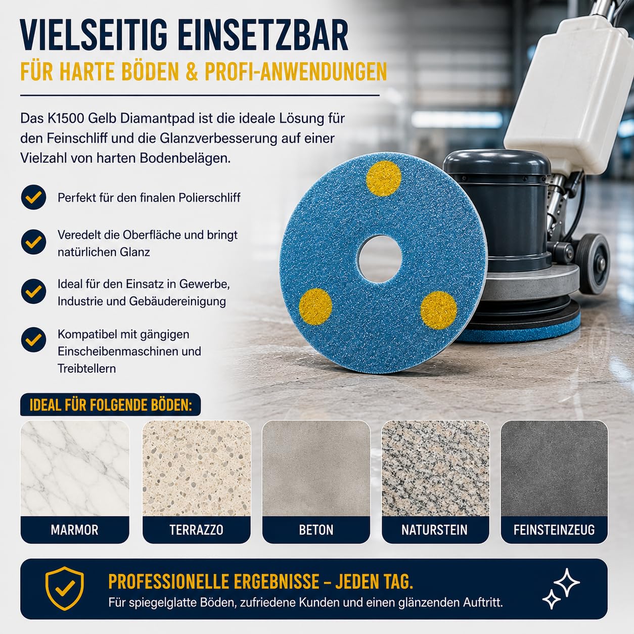 Almohadilla de diamante profesional K1500 amarillo (2 unidades) almohadilla de lijado de diamante azul para máquinas monodisco, para mejorar el pulido fino y el brillo de hormigón y suelos duros