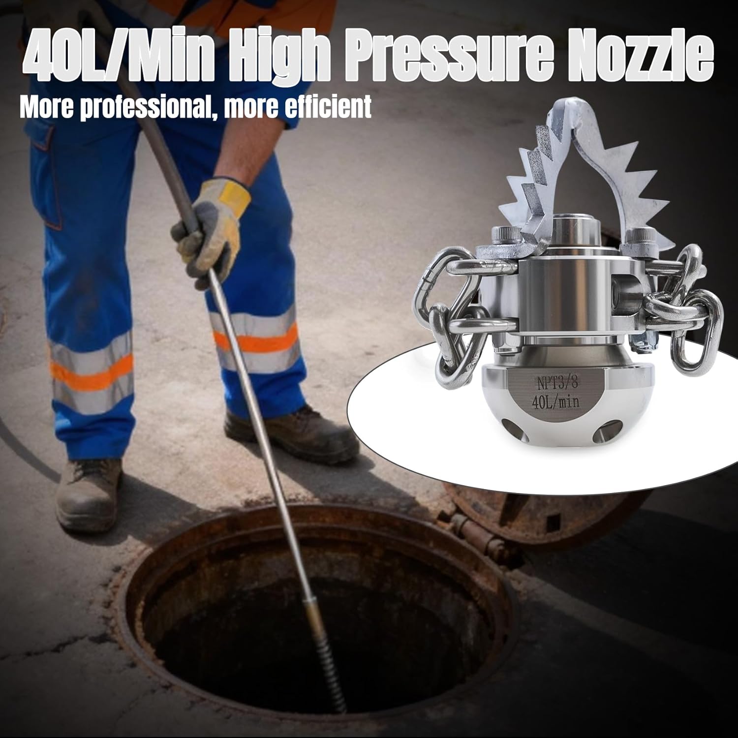 3/8 NPT Sewer Jetter Rotating Nozzle Root, 40L/Min, 360° High Pressure Cleaning Tool (with Detachable Chain), Suitable for Home Drains, Commercial Pipes, Industrial Pipes