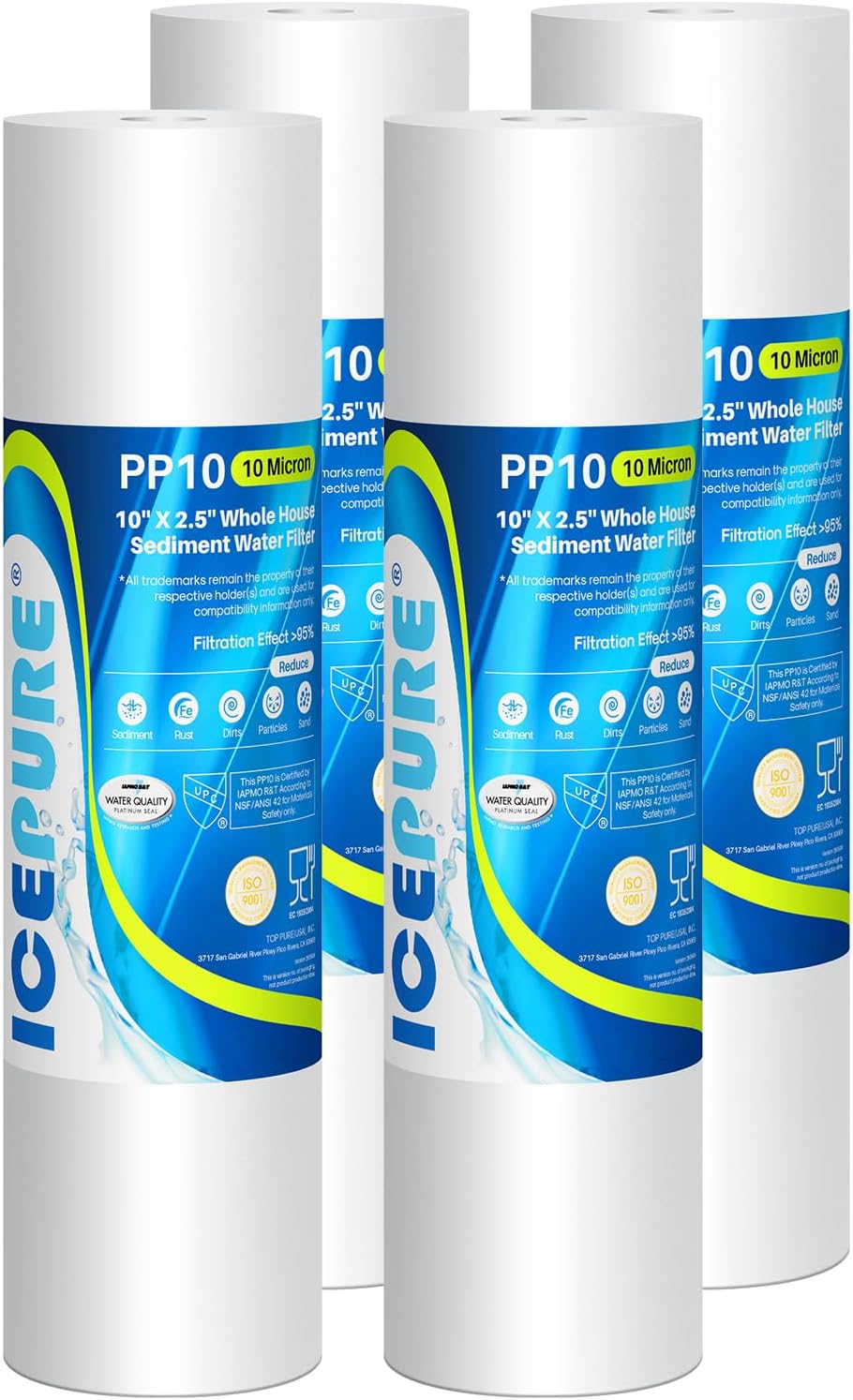 ICEPURE 10"X2.5" 10 Microns Whole House Sediment RO System Water Filter Replacement for Any 10 inch RO Unit, Dupont WFPFC5002, Aqua Pure AP110, Culligan P5, GE FXUSC, Whirpool WHKF-GD05 PP10-05, 4PACK