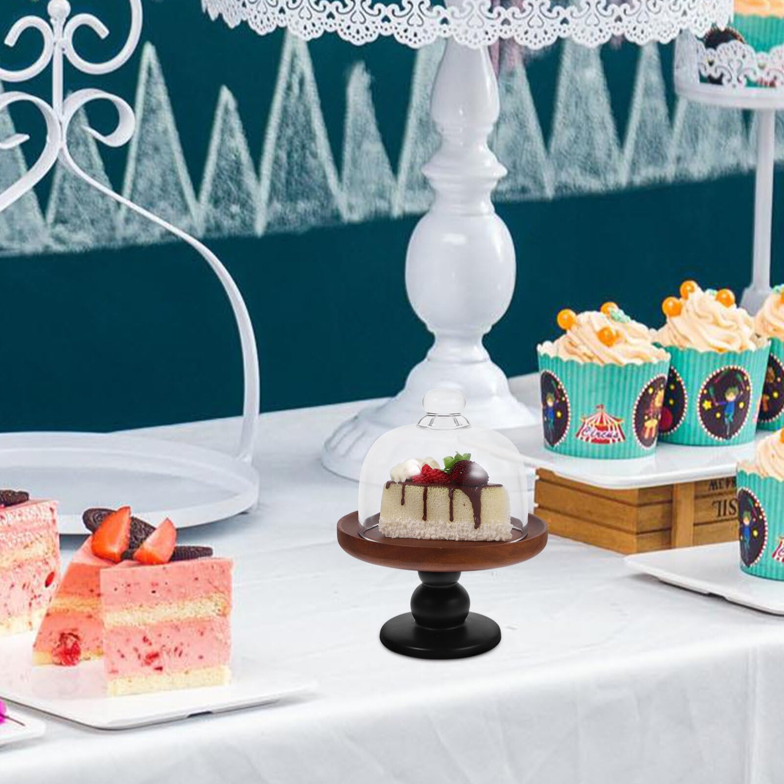 Soporte multifuncional para tartas con tapa de cúpula, soporte de exhibición de postres para té de la tarde, 21,2 x 15 cm, ideal para fiestas y celebraciones