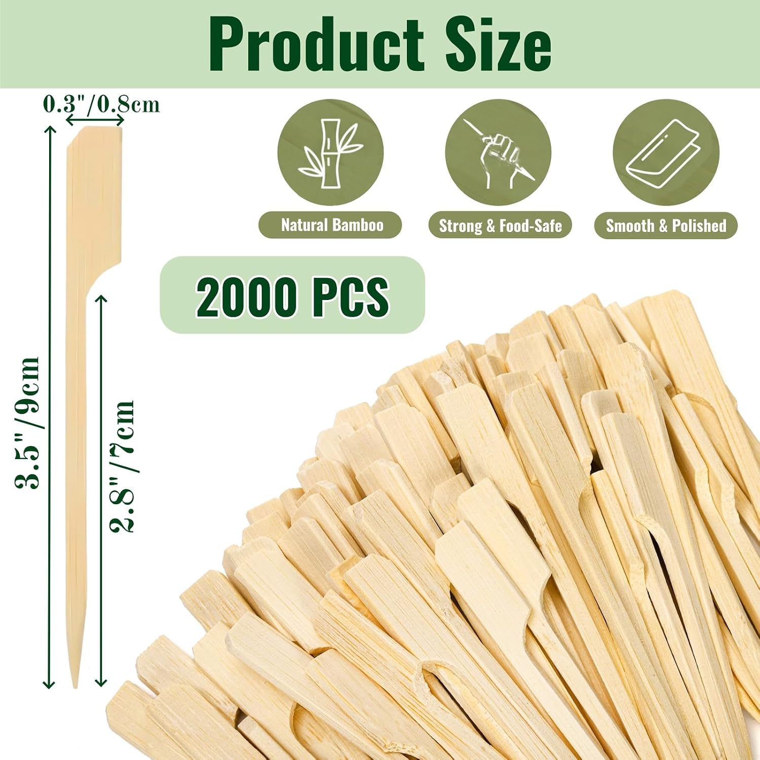 2000 Pieces Bamboo Skewers for Appetizers, 3.5 Inch Bamboo Paddle Wood Picks, Wide Flat Natural Cocktail Picks for Fruit, Grilling, Appetizers, Sandwich, Barbecue, Snacks