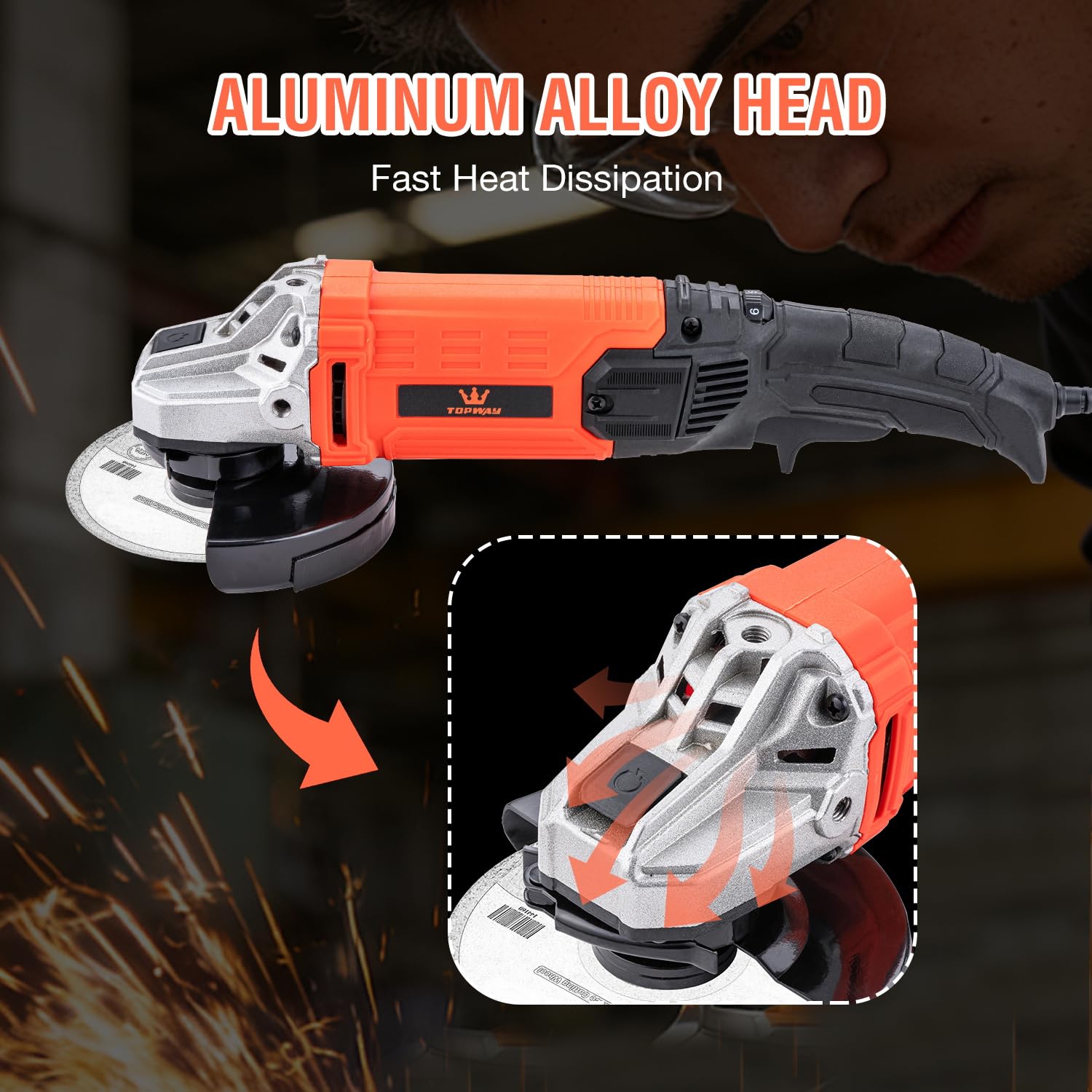 Smerigliatrice angolare con filo TOPWAY 115 mm / 125 mm 1200W, 6 velocità variabili, per fai da te e lavori leggeri, muratura, calcestruzzo, piastrelle, metallo e acciaio (Gamma economica)
