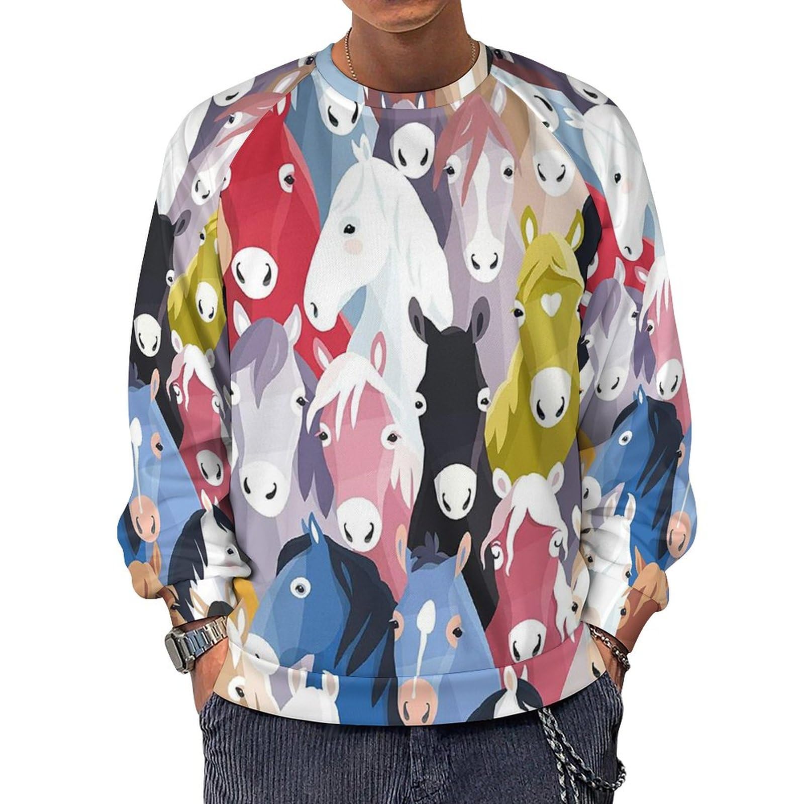Qjjinxior Men's Colourful Cartoon Horses Long-Sleeve Crewneck Sweatshirt, Lightweight Casual Jumpers For