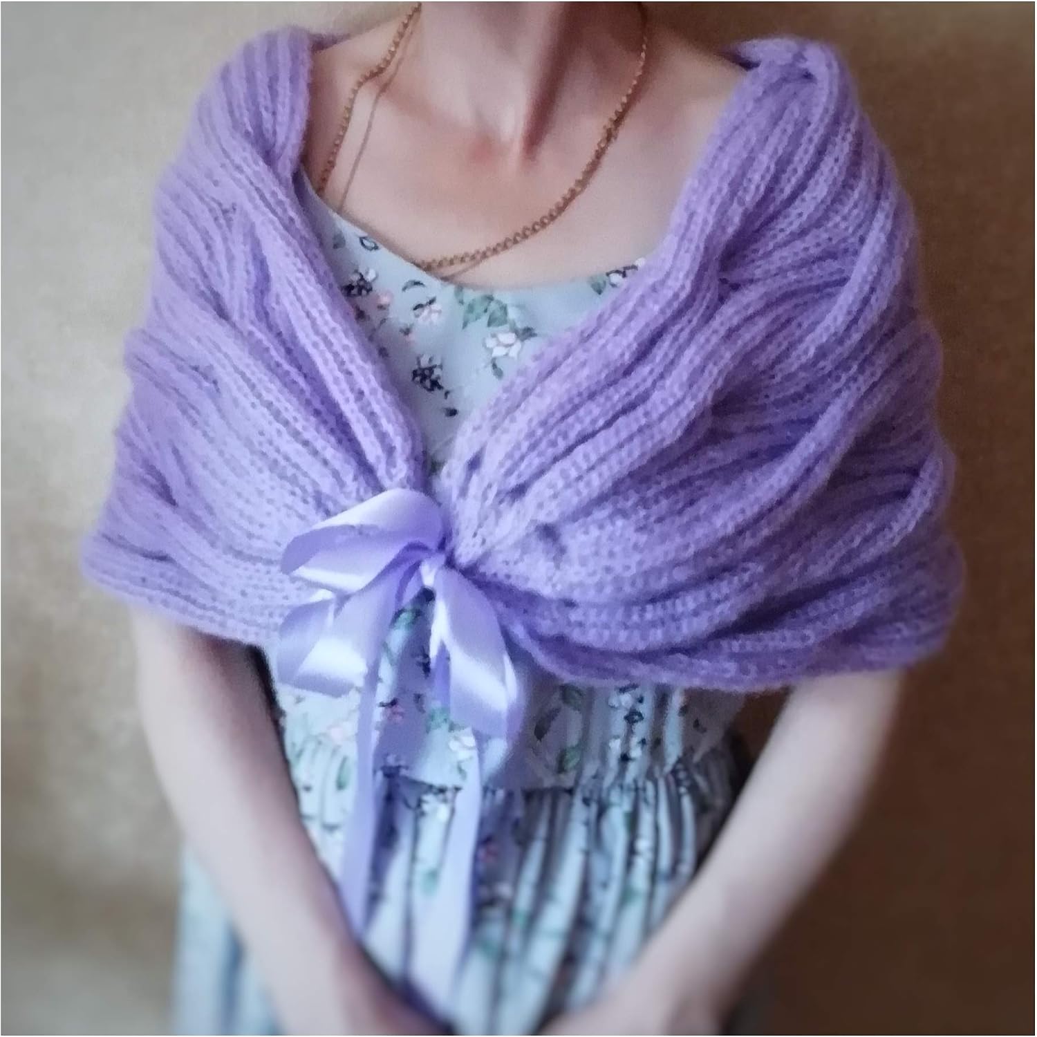 Lilac Knitted Mohair Cape for Women's Scarf Shoulder with Bow Cover Up Brides Handmade